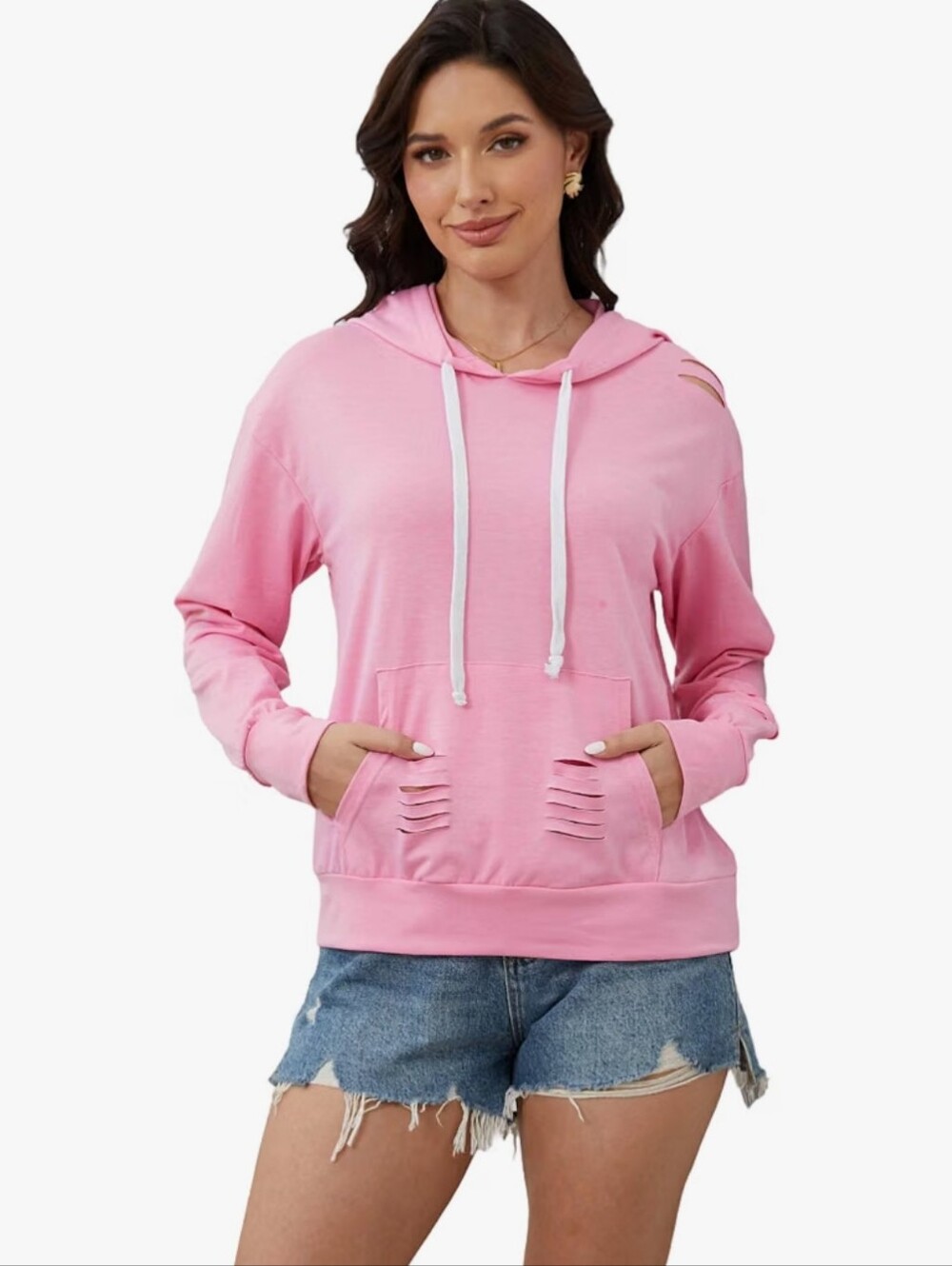 Ripped Hoodies Button Collar Drawstring Hooded Pullover Sweatshirt with Pocket